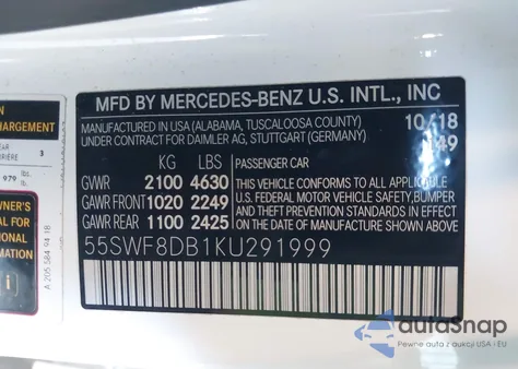 2019 Mercedes-Benz C 300 z USA, uszkodzony, nr VIN 55SWF8DB1KU291999